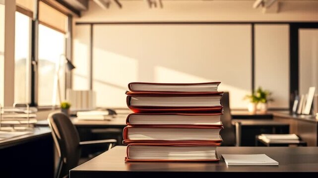 An office workspace features stacks of brown folders filled with documents on a black desk during the day. 4k video