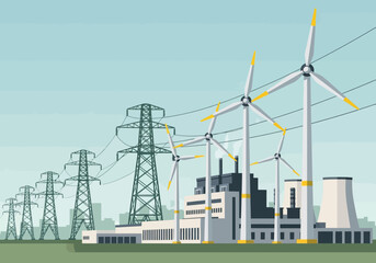 Clean Energy Power Plant with Wind Turbines.