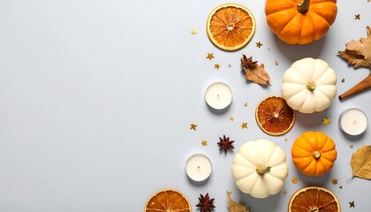 Autumnal Still Life with Pumpkins, Candles, and Dried Oranges.