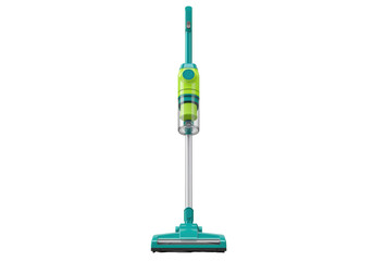 Isolated stick vacuum cleaner for floor cleaning, housekeeping, green and yellow design