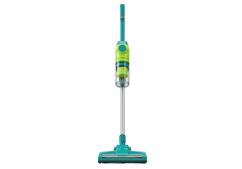 Isolated stick vacuum cleaner for floor cleaning, housekeeping, green and yellow design