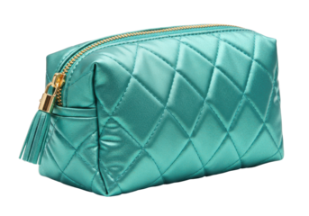 Isolated turquoise cosmetic bag with tassel and zipper, soft and padded for travel needs