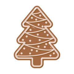 Vector illustration of a gingerbread Christmas tree cookie decorated with icing. Festive holiday dessert design perfect for winter greeting cards, packaging, posters, and New Year decorations