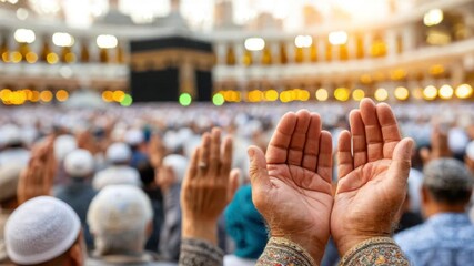A sea of people in prayer with raised hands toward a sacred structure in the background