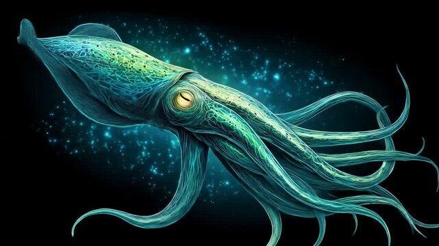 A bioluminescent squid floats in a starry deep sea scene. It displays aquatic and surreal qualities