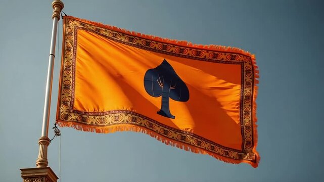 Bibrant orange Nishan Sahib Sikh flag waving gracefully against clear blue sky, a symbol of faith and cultural identity in motion, dynamic movement