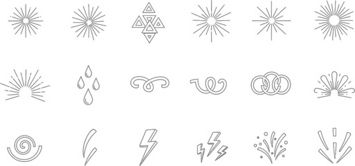 Fototapeta premium Outline Design Set Sunbursts, Raindrops, Swirls, Lightning on Transparent Background