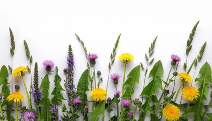 Colorful wild flowers and green grass thrive on a pristine white background.
