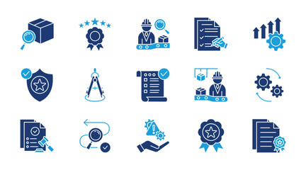 Quality control thin flat blue icon set. Containing quality, inspection, evaluation, improve, quality assurance, calibration, validation, production, processs, compliance. Vector illustration