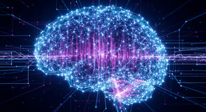 3D abstract visualization of a digital brain formed by interconnected glowing lines and nodes. Blue and magenta electric pulses, energy web network, AI learning process, data visualization