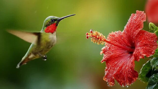A vibrant red flower glistens with water droplets as a hummingbird hovers near, green background