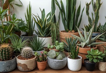 Obraz premium Modern composition of home garden filled a lot of beautiful plants, cacti, succulents, air plant in different design pots. Stylish botany interior. . Home gardening . 