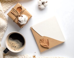 Cozy autumn scene with coffee, gift, and envelope on white background.