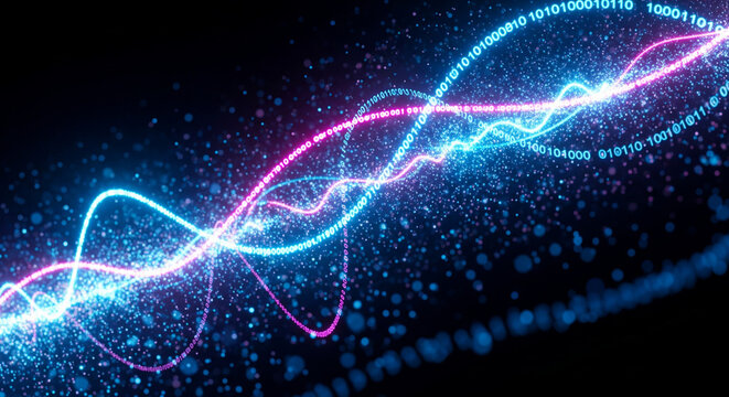 Abstract 3D digital data stream in neon blue and magenta light. Flowing binary lines, glowing curves, and moving particles symbolizing information transfer and deep learning. Futuristic cyberspace  - Powered by Adobe