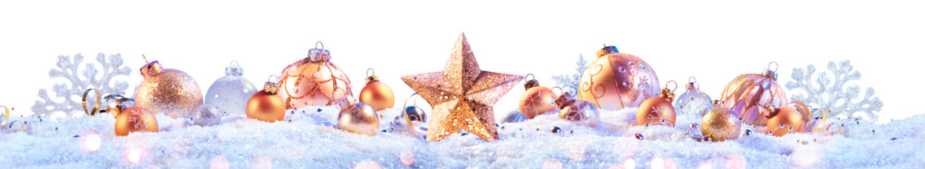 Christmas Banner - Golden Baubles And Star On Snow - Isolated On Transparent