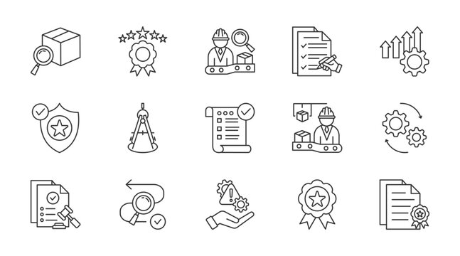 Quality control thin line icon set. Containing quality, inspection, evaluation, improve, quality assurance, calibration, validation, production, processs, compliance. Vector illustration