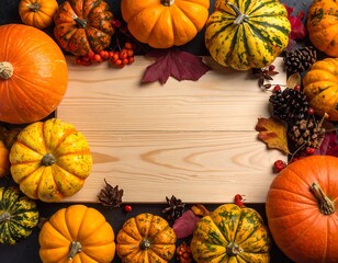 Autumn Harvest - Pumpkins, Pine Cones, and Fall Foliage on Wood.