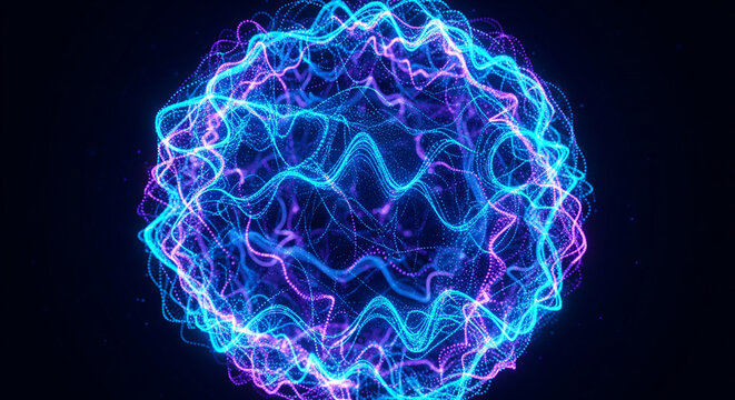 Neon futuristic 3D sphere of blue and purple glowing digital waves and particles, abstract energy orb floating in dark space, representing future technology, artificial intelligence, engineering