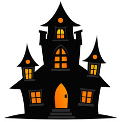 Spooky black haunted house with glowing orange windows silhouette isolated on white background
