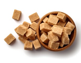 Top view of brown cane sugar cubes in a wooden bowl set against a white background