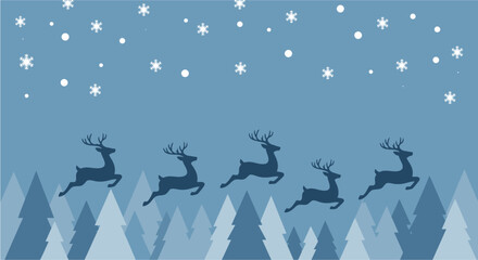 Silhouette of five reindeer flying above a forest with falling snowflakes, festive winter scene.