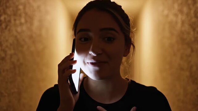 A woman in a dark hallway, illuminated by her phone, smiles in surprise while on a call