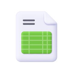White document with green spreadsheet table. Data analysis, finance, accounting, office file management, accounting and tax concept. 3d vector icon. Cartoon minimal style.