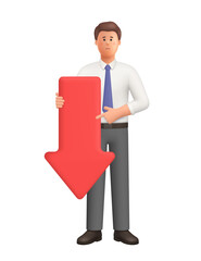 Businessman Ted holding big red arrow pointing down. Financial loss, business downturn, negative result, decline and decrease concept. 3d vector people character. Cartoon minimal style.