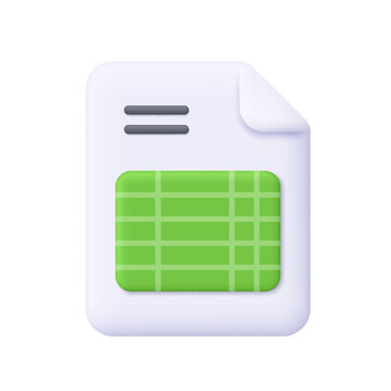 White document with green spreadsheet table. Data analysis, finance, accounting, office file management, accounting and tax concept. 3d vector icon. Cartoon minimal style.