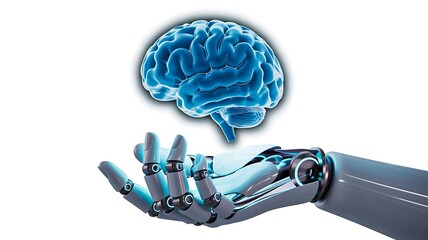 Robotic hand holding glowing brain hologram, concept of artificial intelligence, neural networks and smart technology 
