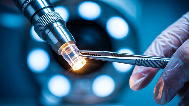 Scientist using tweezers with laser equipment, concept of nanotechnology, innovation and scientific research 
