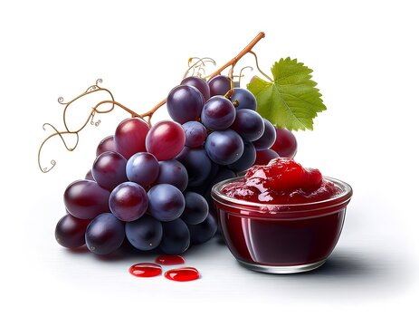 A group of black grapes with grapes jam against a white backdrop