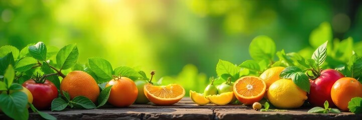 A vibrant, sunlit scene featuring lush green plants and brightly colored fruits, conveying freshness and approachability Perfect for health, wellness, or spring themes , vitality, ripe