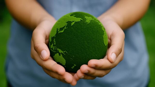 Hands holding green eco earth sphere, sustainability and environmental protection concept symbolizing a clean and green future