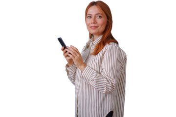 Redhead businesswoman smiling, using smartphone for communication, networking, global connection on transparent background