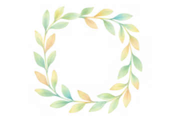Watercolor leaf wreath framing a circular negative space, featuring abstract botanical elements in soft green and yellow hues. Transparent background