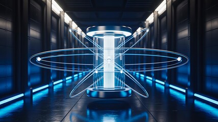 Futuristic glowing quantum energy core in dark corridor, concept of advanced technology, science and innovation 
