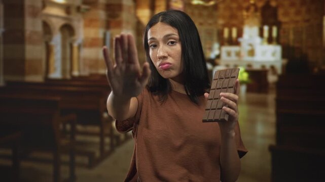 Woman holding chocolate bar, palm out stop gesture toward camera in church building with pursed lips and closed eyes; temptation restraint.