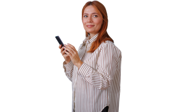Redhead businesswoman smiling, using smartphone for communication, networking, global connection on transparent background