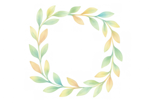 Watercolor leaf wreath framing a circular negative space, featuring abstract botanical elements in soft green and yellow hues. Transparent background - Powered by Adobe