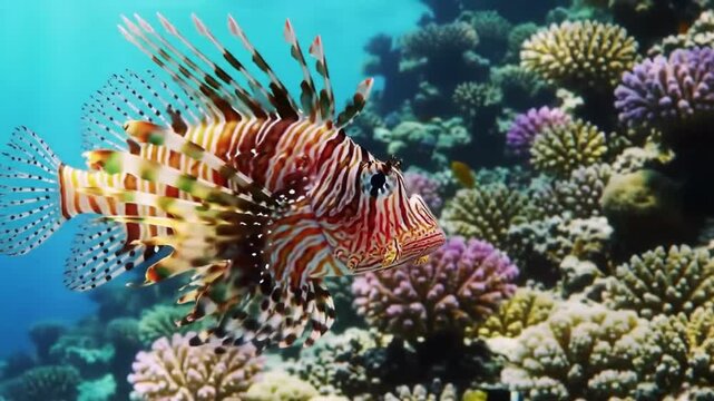 Vibrant lionfish swimming near coral reefs underwater marine environment