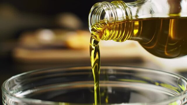 Olive oil pouring from bottle into glass bowl against blurred background