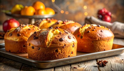 Delicious Chocolate Chip Brioche Buns on Rustic Wooden Table.