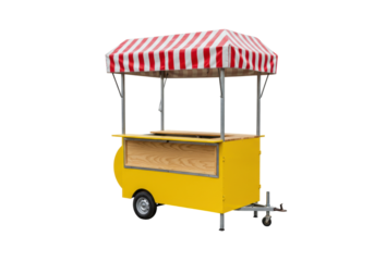 Isolated Yellow Concession Cart for Mobile Food Sales with Red & White Canopy and One Wheel