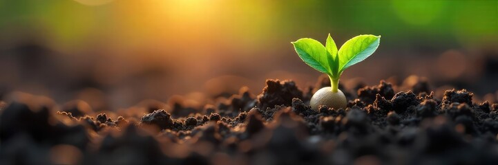 Close-up of a single seed nestled in rich, dark soil, ready to sprout  Sunlight gently illuminates the scene, hinting at potential growth and new life ,  plant,  earth