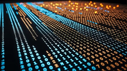Abstract binary code background with glowing blue and orange data streams, digital technology and programming concept 
