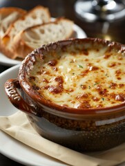 Tasty French onion soup topped with melted cheese and golden crust served in a deep bowl