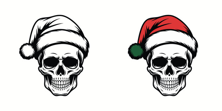 Santa Skull Christmas Vector Illustration | Gothic Holiday Skull Wearing Santa Hat | Dark Winter Festive Artwork