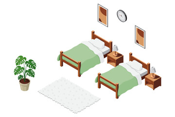 Isometric bedroom. Bedroom interior. Bed, lamp, carpet, and other bedroom equipment. Isometric home furniture. Isometric home room