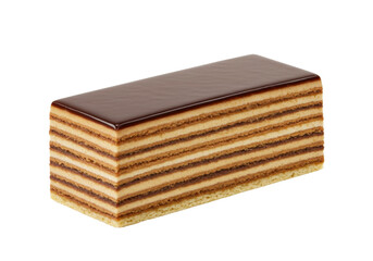 Isolated Opera cake a delicious French pastry with layers of almond sponge cake and chocolate